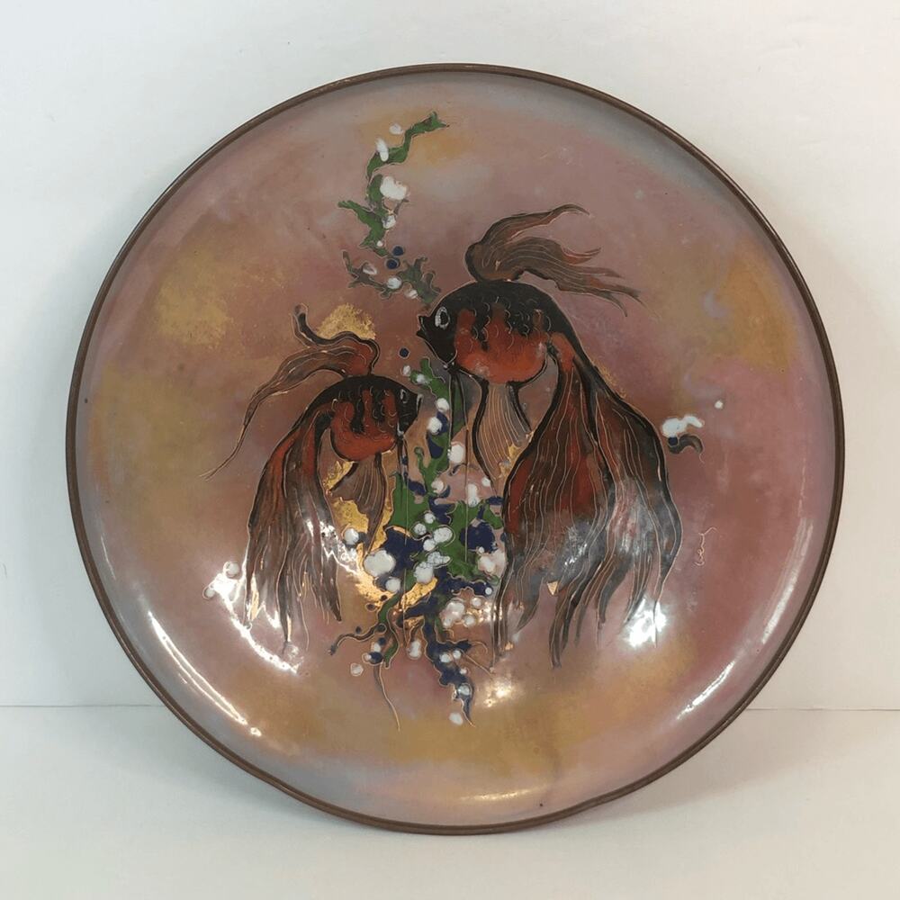 vintage 40's siamese fighting fish enamel cloisonne bowl signed wens
